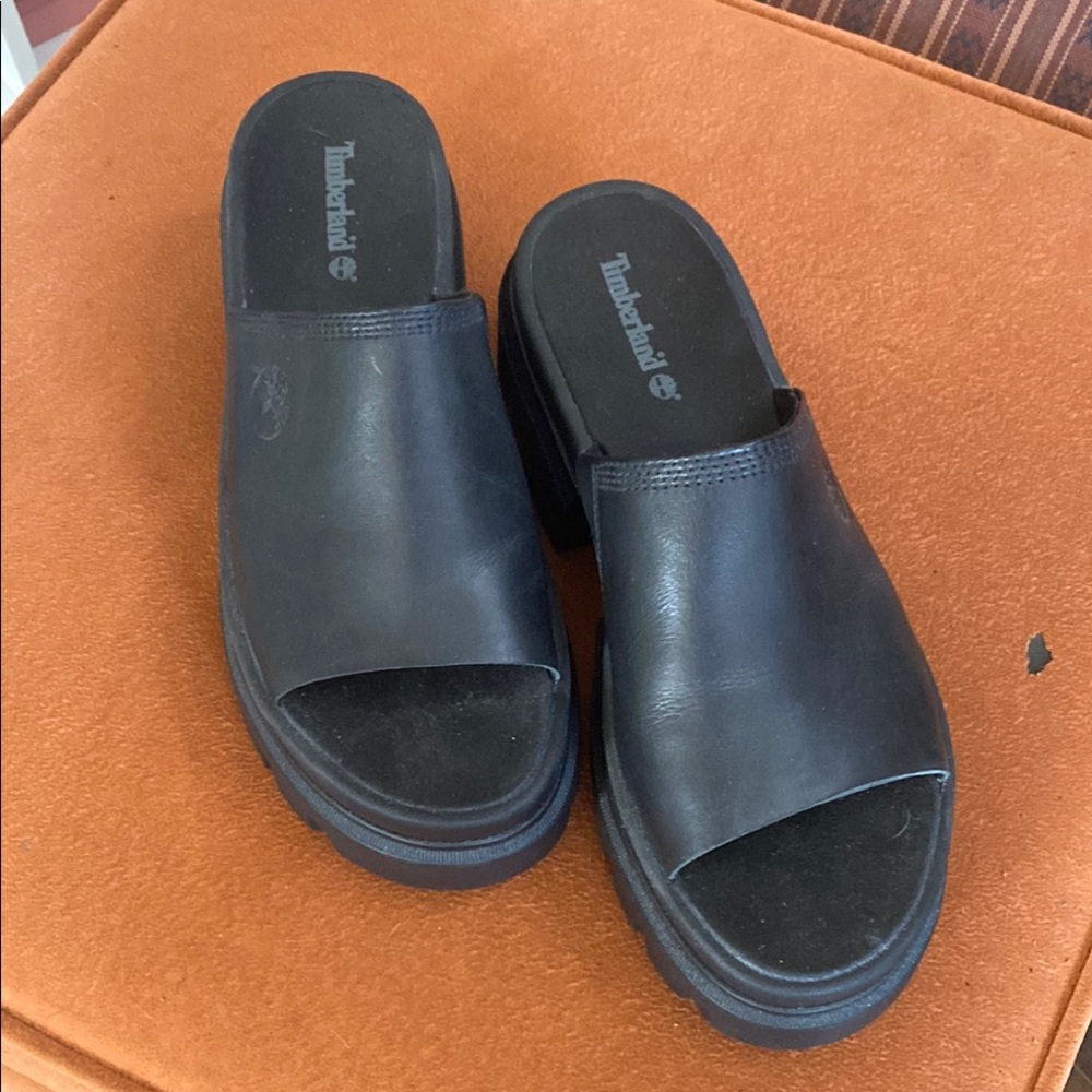 Timberland Black Leather Slide Sandals